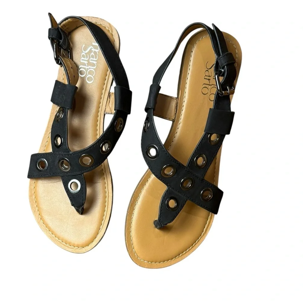 Franco‎ Sarto Black Strappy Grommet Leather Flat Thong Sandals 6.5